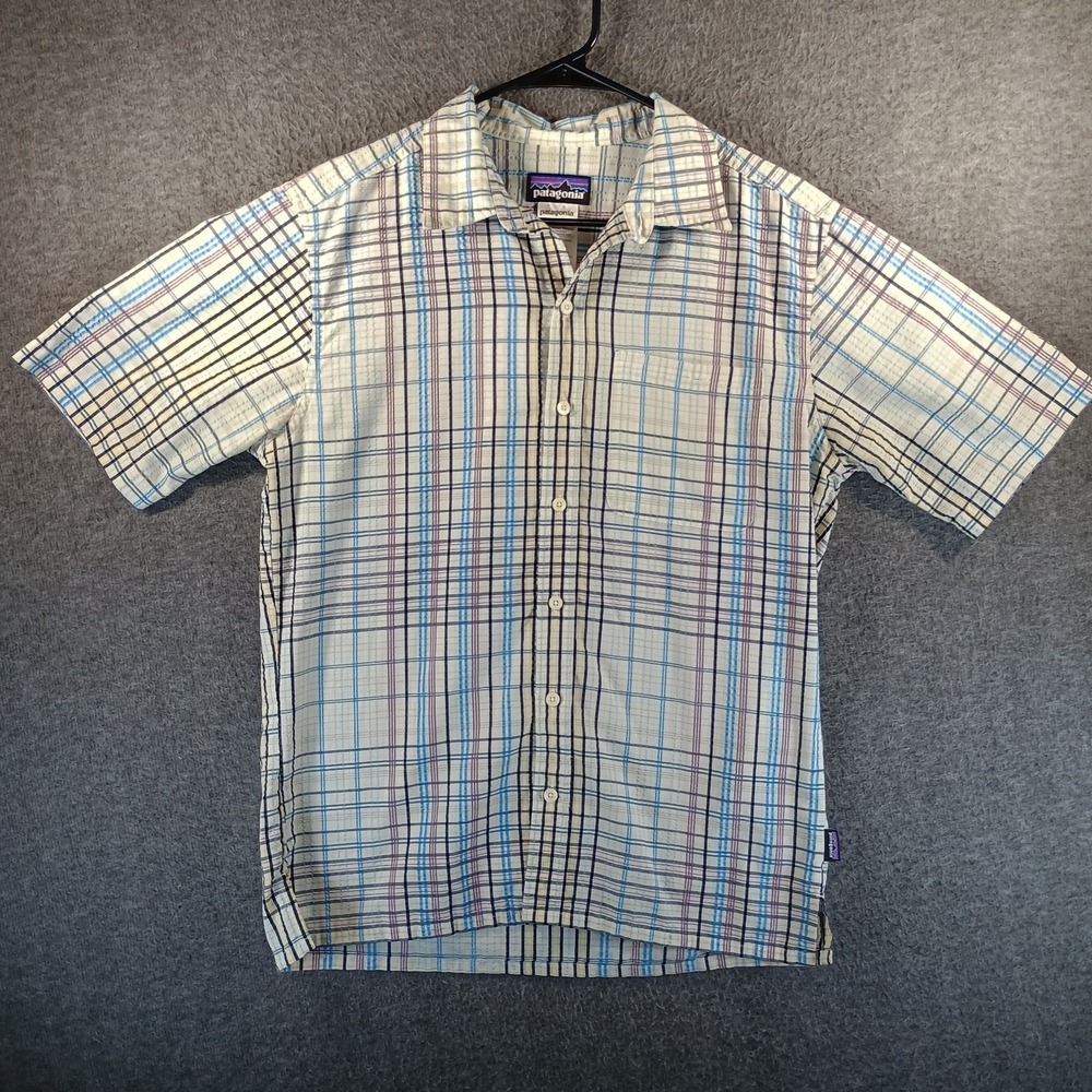 Patagonia Puckerware Shirt Men S Blue Black Purple Plaid Seersucker Button Up SS - Picture 1 of 11